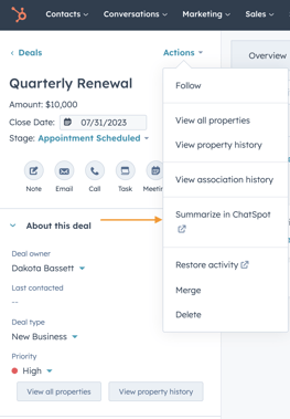 Actions button from the HubSpot CRM for Deal Summaries